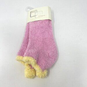 Kids Josie Marshmallow Pom Pom Ankle Socks Pink Yellow Size L/XL Fuzzy Cozy
